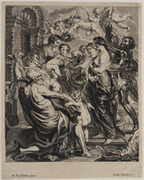 KG 17249
<br/>
Madonna met kind voor een prieel, omgeven door heiligen
<br/>
<em>Eynhoudts, Remoldus (1613-1680)</em>